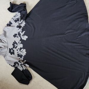 Black Gray Floral top Turtleneck Swing Dress-Medium